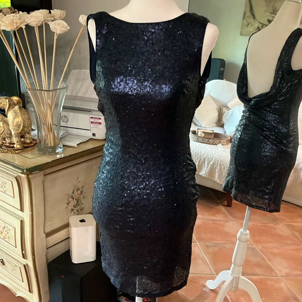 Open Back Navy Blue Sequin Dress